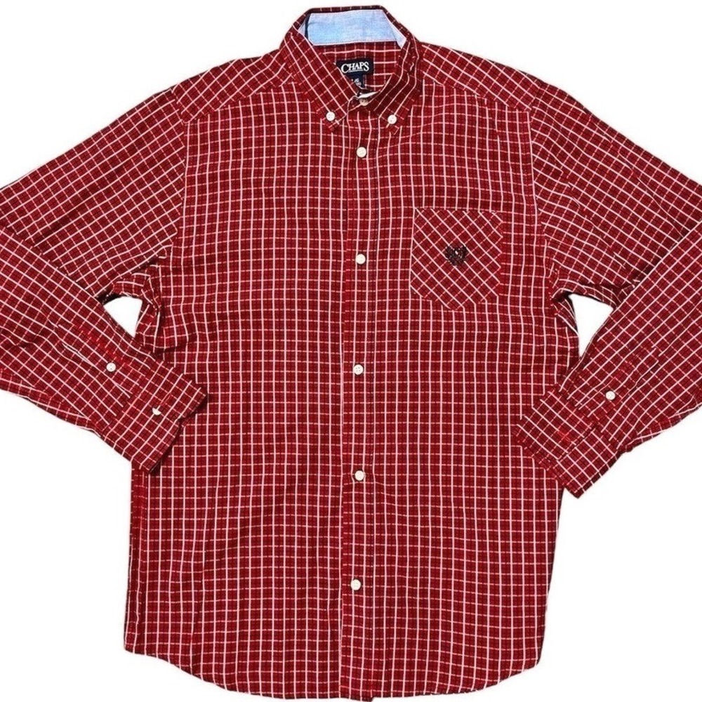 Chaps Boys Red Plaid‎ Button Down Shirt Long Sleeve Preppy Size L 14/16 C874056H